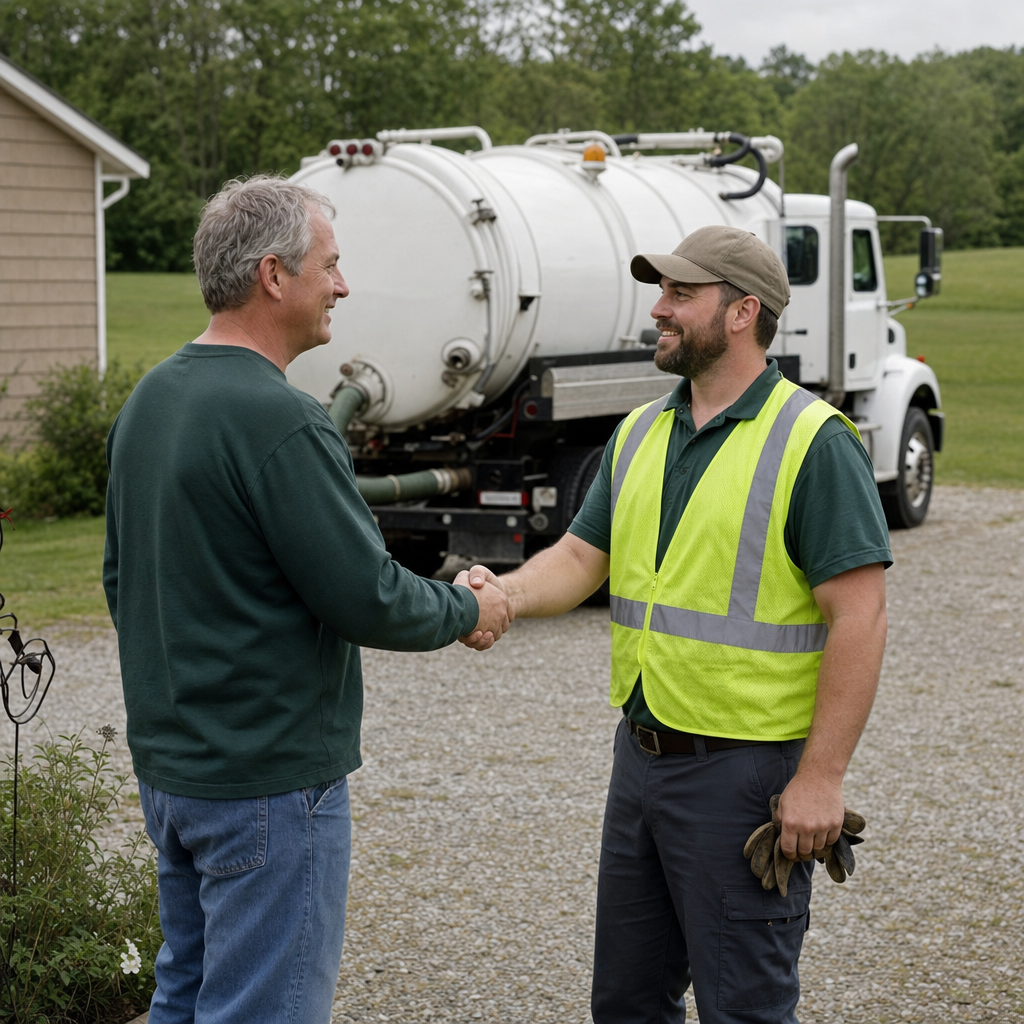 A septic technician shaking a Bronx homeowner's hand beside the service truck after a completed pump-out