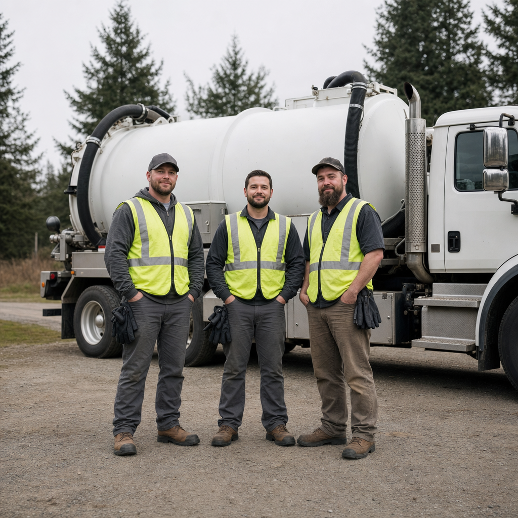 The Bronx septic pumping crew standing together beside their clean white vacuum truck on a residential street