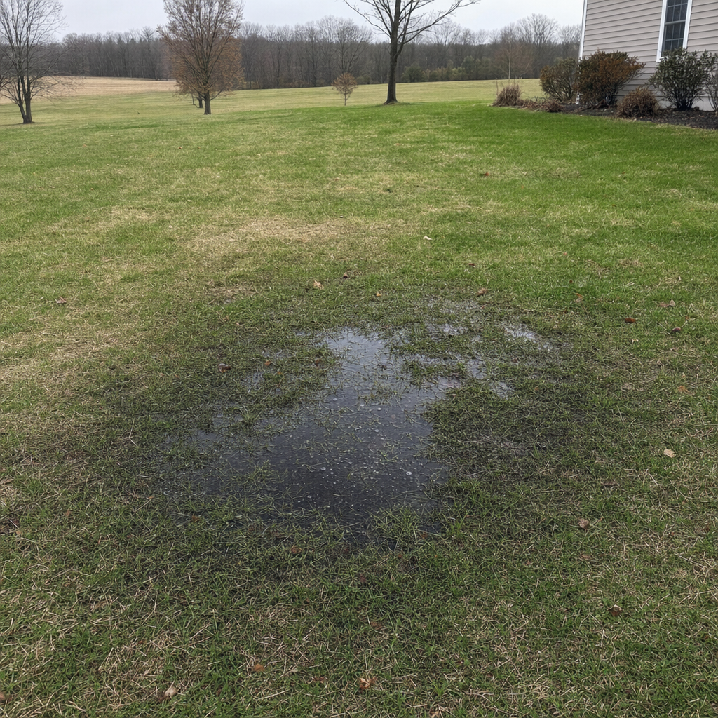 A dark, saturated wet spot in a Bronx backyard lawn marking a failing cesspool at capacity