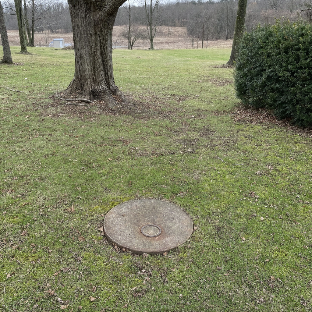 An older round cesspool access lid set flush in an established, mature Bronx backyard lawn