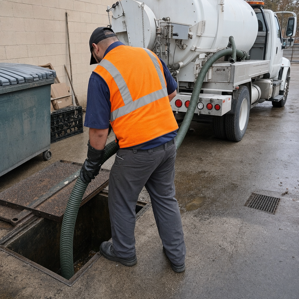 Technician pumping a grease trap behind a Bronx restaurant