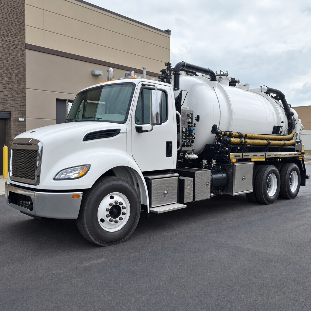 Commercial septic vacuum truck parked in a Bronx business parking lot