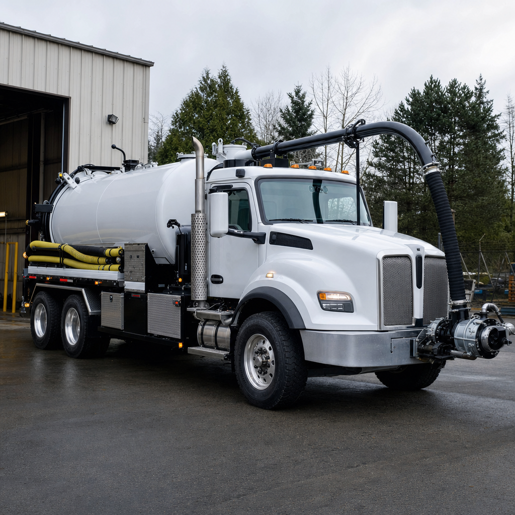 A clean white septic vacuum truck rolling out of a tidy Bronx service depot at the start of the day