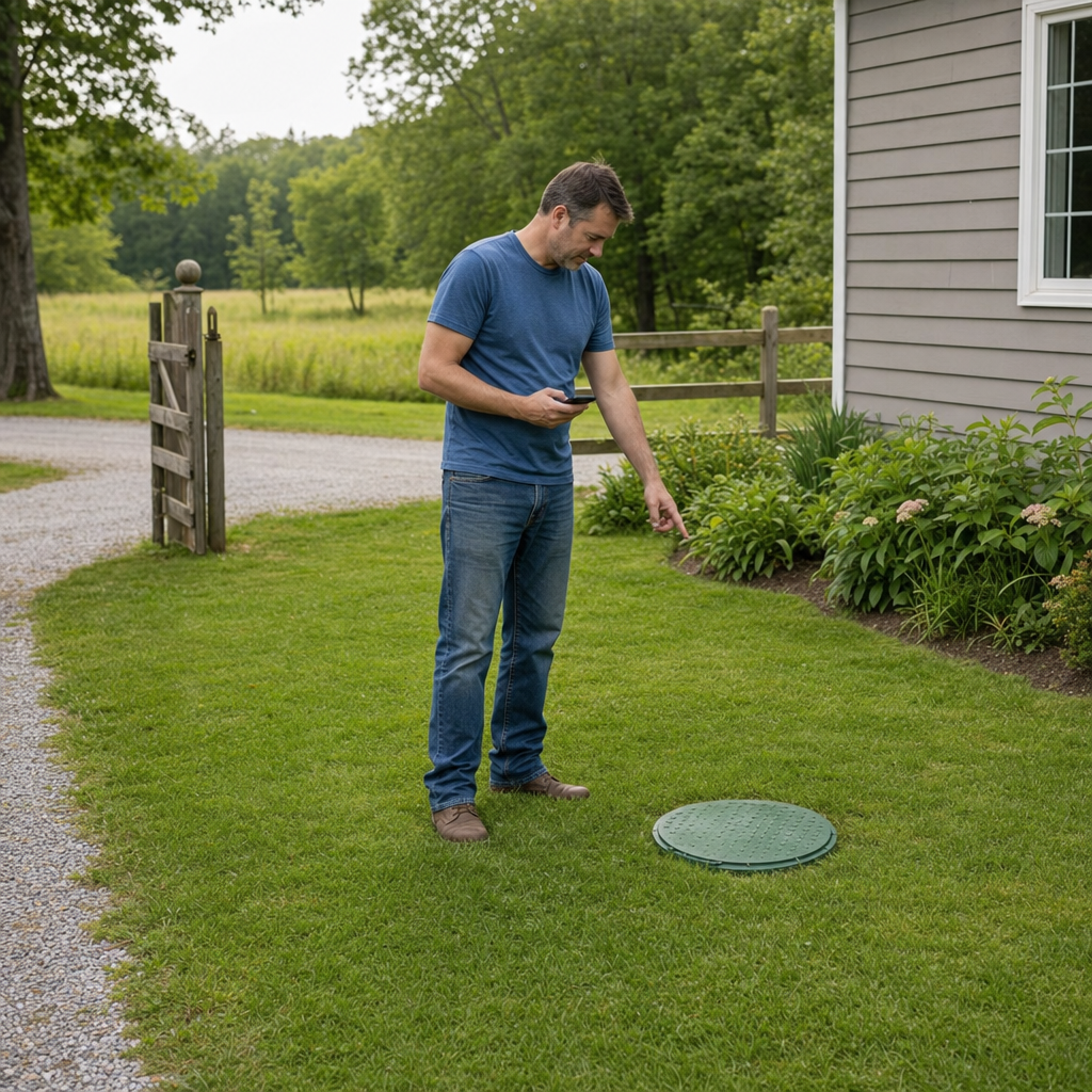 A Bronx-area homeowner standing in the backyard noting where the septic tank lid and access route are located