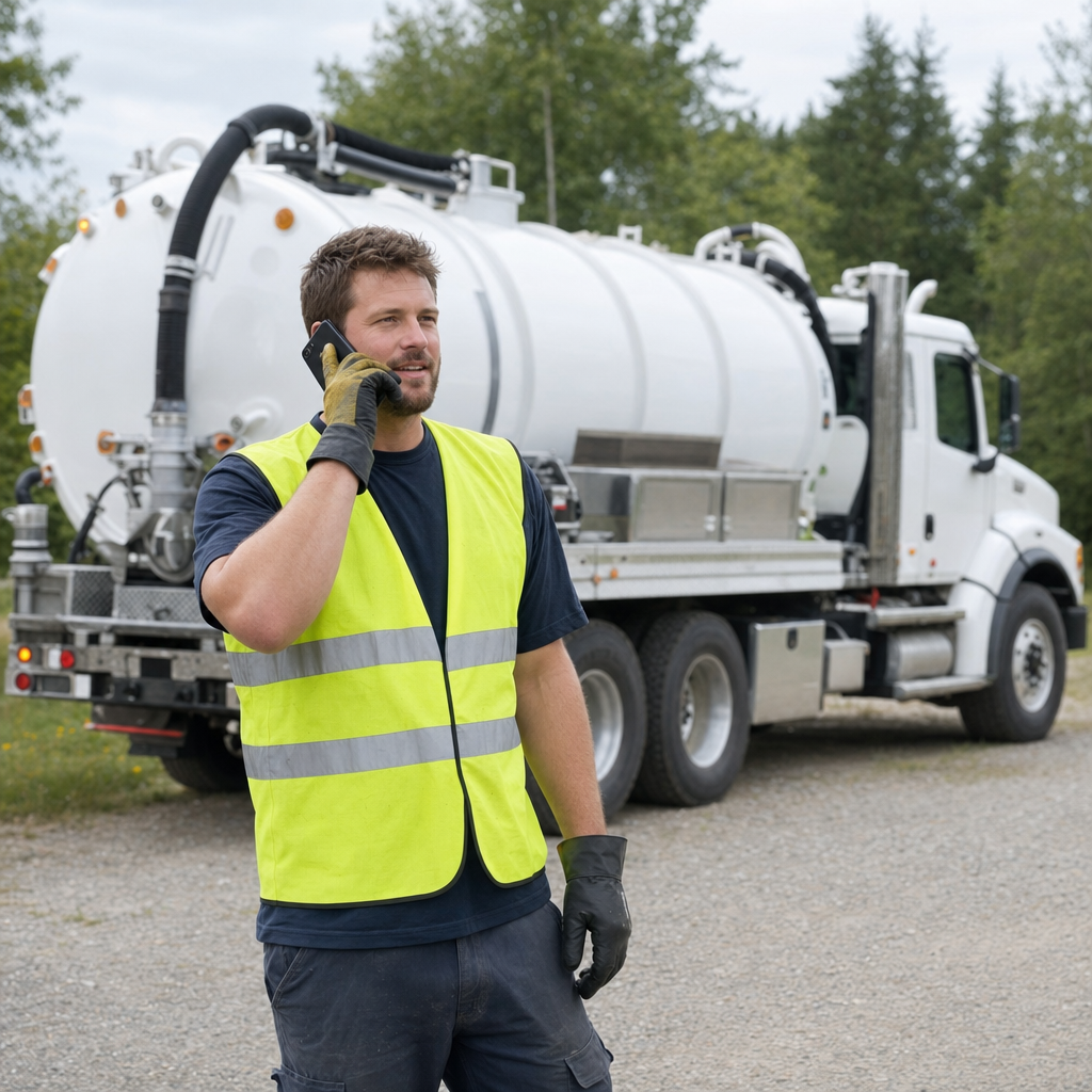 A friendly septic dispatcher holding a phone, ready to answer a Bronx homeowner's call about a pump-out