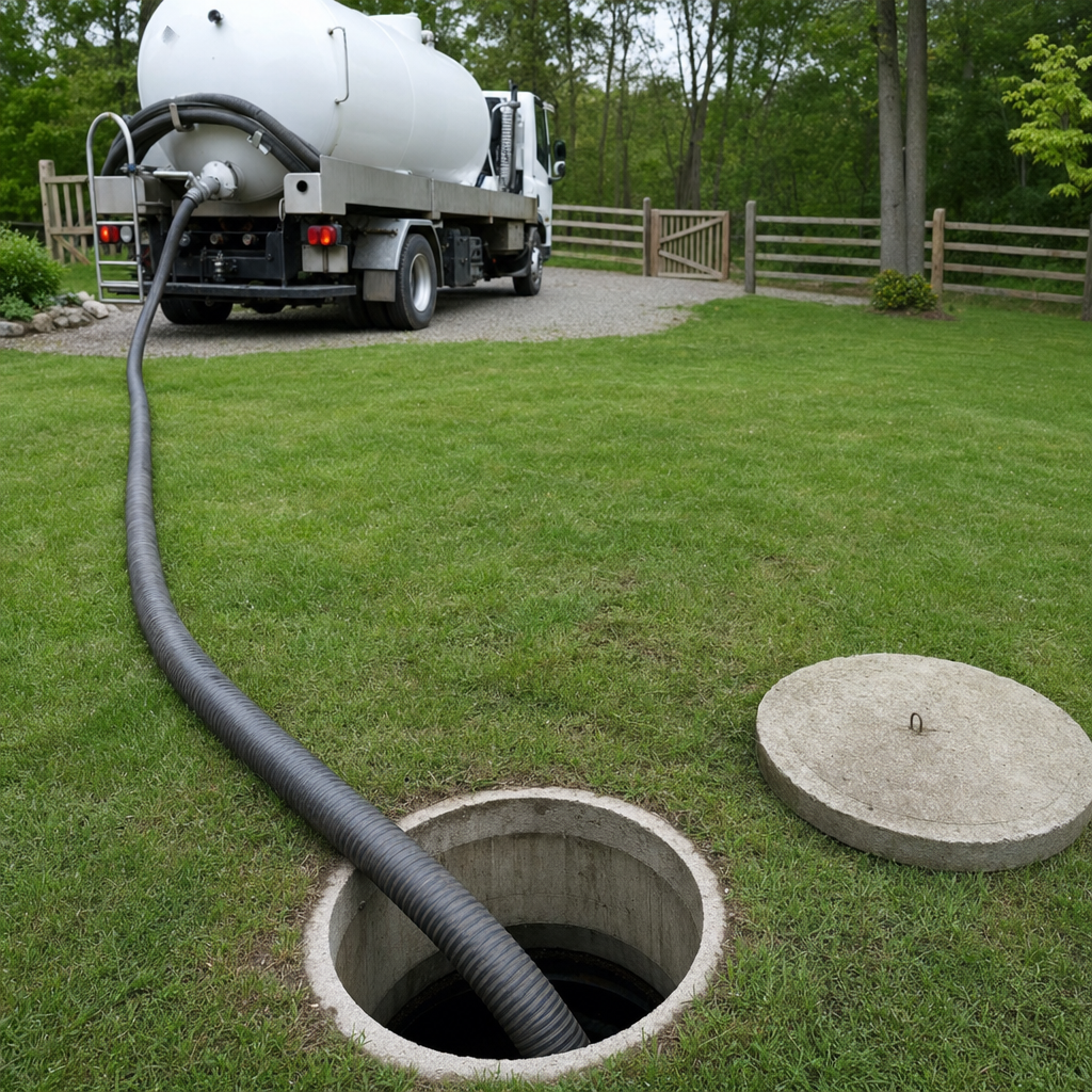 Suction hose connected to an open septic tank, drawing it down in a tidy Bronx yard