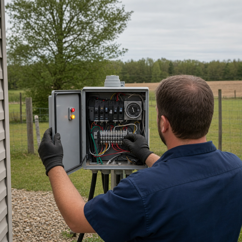 Technician checking an aerobic septic control box with a lit red high-water alarm during a same-day Bronx visit