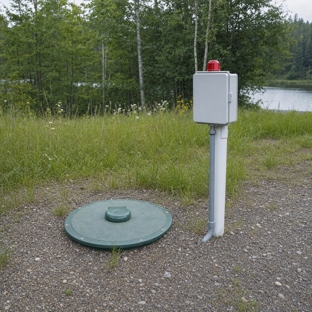 A wastewater holding tank access lid set in the ground at a rural Bronx-area cabin, with a mounted high-level float alarm panel nearby