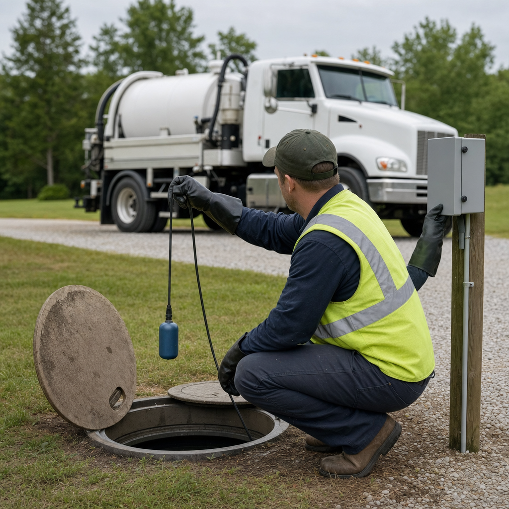 A septic technician in a high-visibility vest checking a high-level float switch and alarm panel on a holding tank at a rural Bronx-area site
