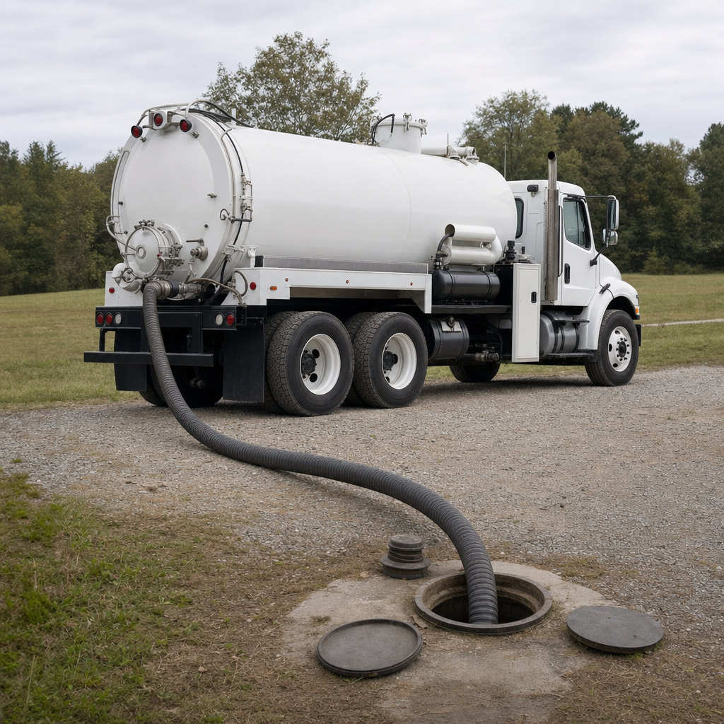 An unmarked white vacuum truck emptying a wastewater holding tank on a scheduled visit at a rural Bronx-area property, thick suction hose running to the tank lid