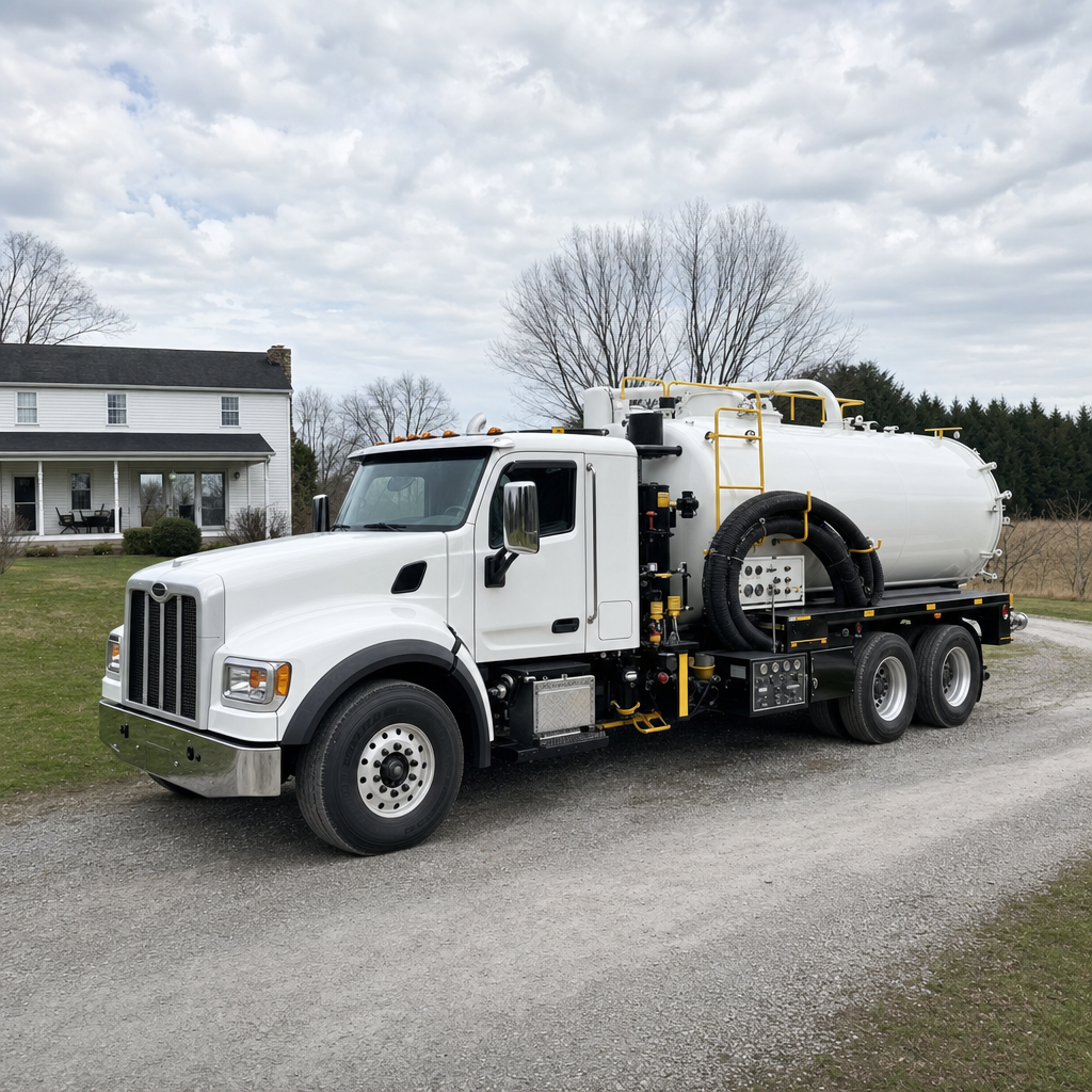 A clean white septic vacuum truck parked on a tidy Bronx driveway with the suction hose neatly coiled