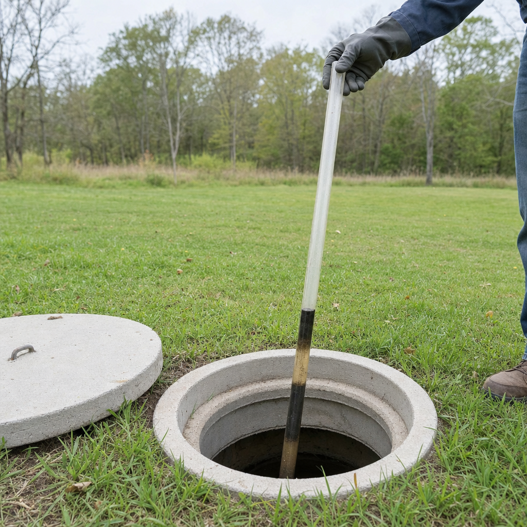 A septic sludge-judge measuring stick lowered into an open Bronx septic tank to read the depth of the sludge and scum layers before deciding whether a pump-out is due