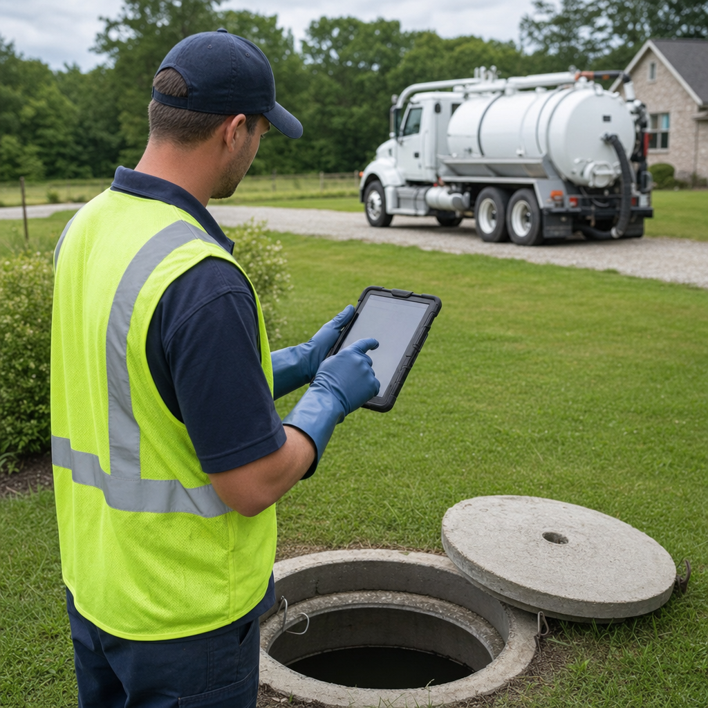 A septic technician recording a Bronx home's pump-out date and tank condition on a tablet beside an open access lid, tracking the service history that sets the next due date