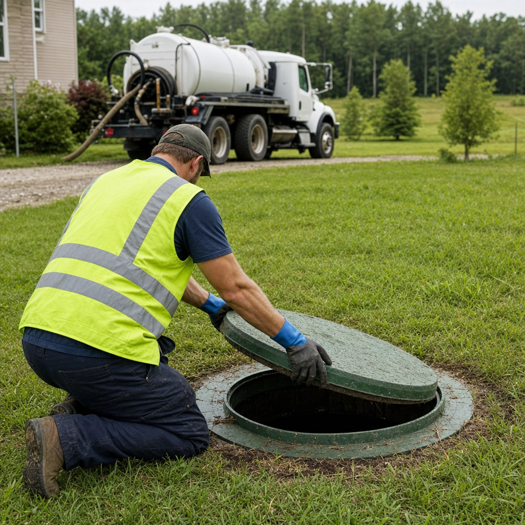 Septic technician kneeling on a Bronx lawn, lifting the access lid on a residential septic tank