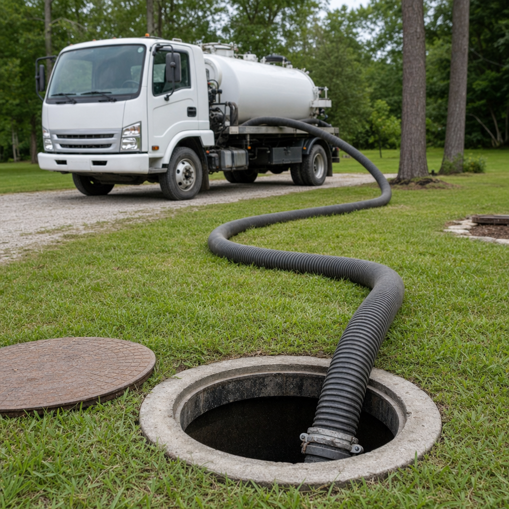 Thick ribbed suction hose lowered into a clean open septic tank port on a tidy Bronx backyard lawn