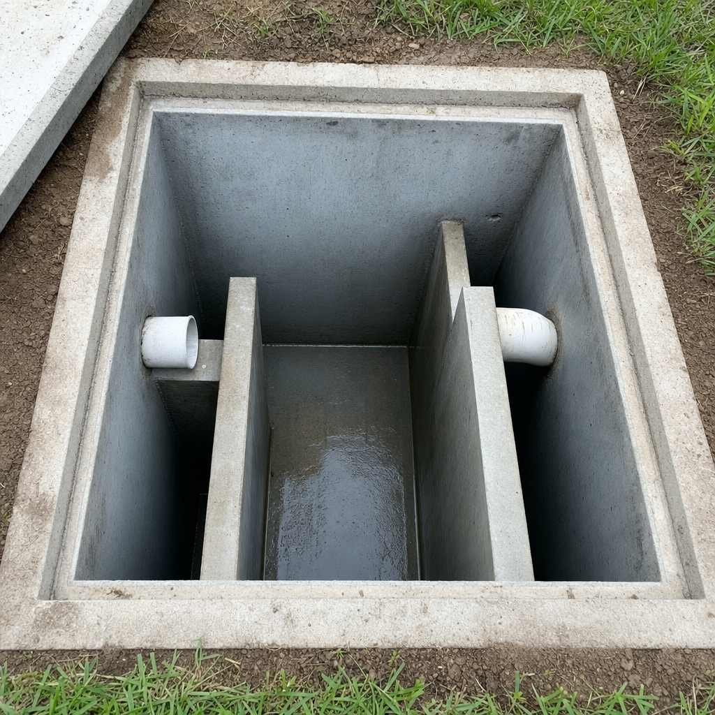 Inspection of the concrete baffles inside an open, emptied and freshly cleaned Bronx septic tank