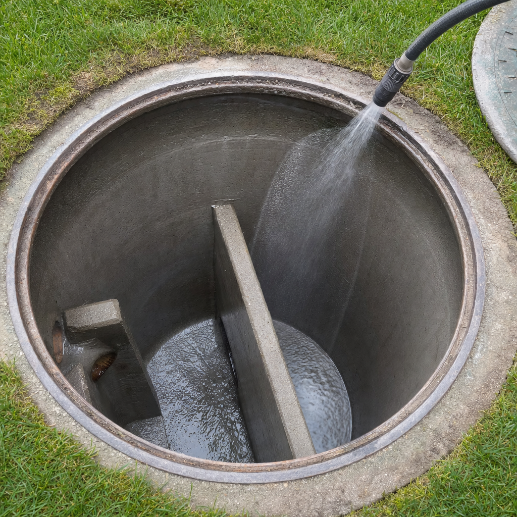 Interior concrete walls of an emptied Bronx septic tank being rinsed clean with the truck's onboard water hose