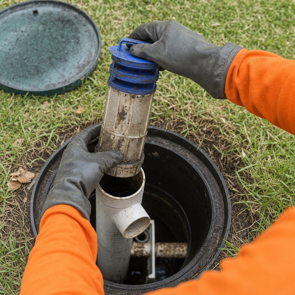 Septic technician's gloved hands lifting the effluent filter cartridge out of the outlet housing on a Bronx septic tank