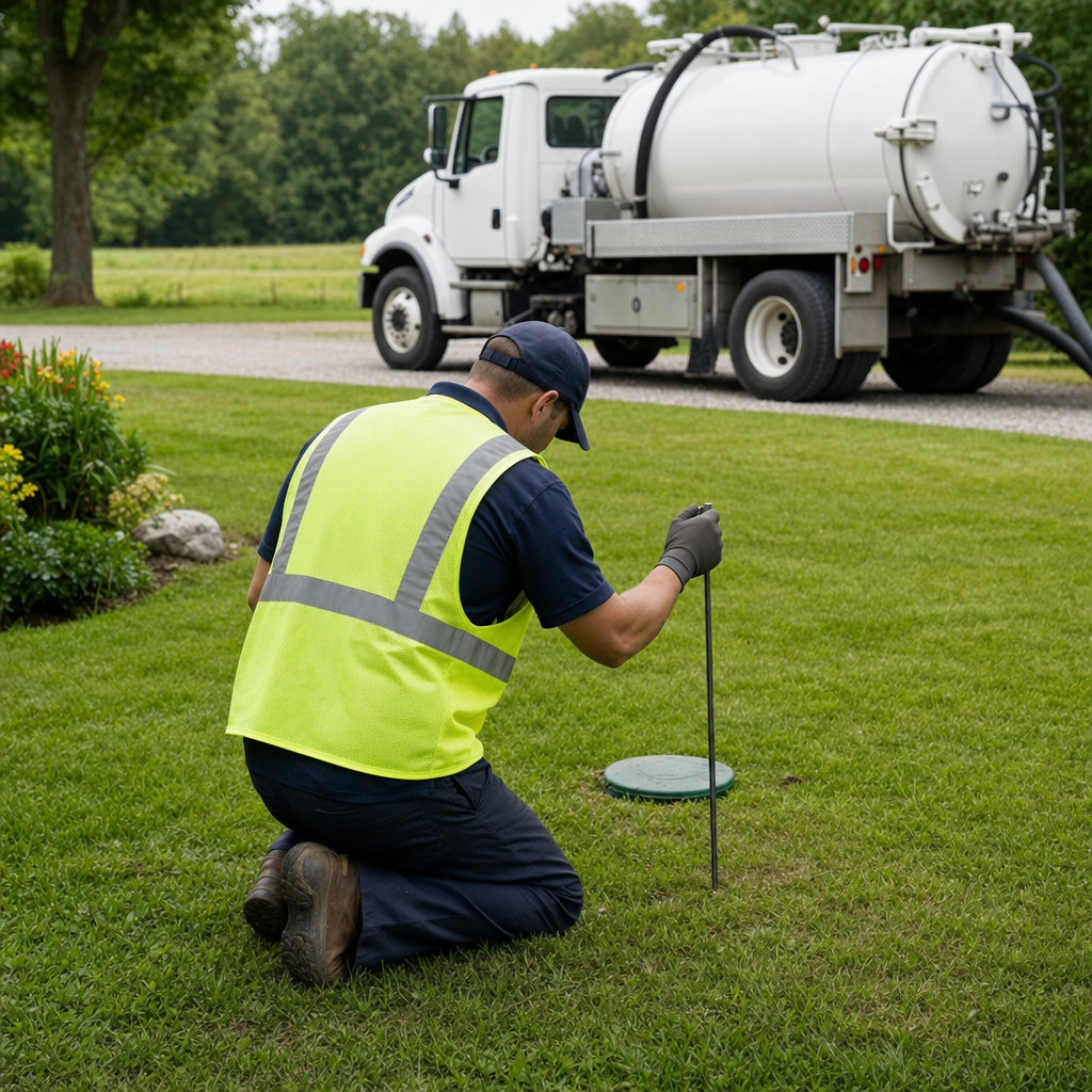 Septic technician kneeling on a Bronx lawn, probing to locate and measure the depth of a buried septic tank lid before pumping