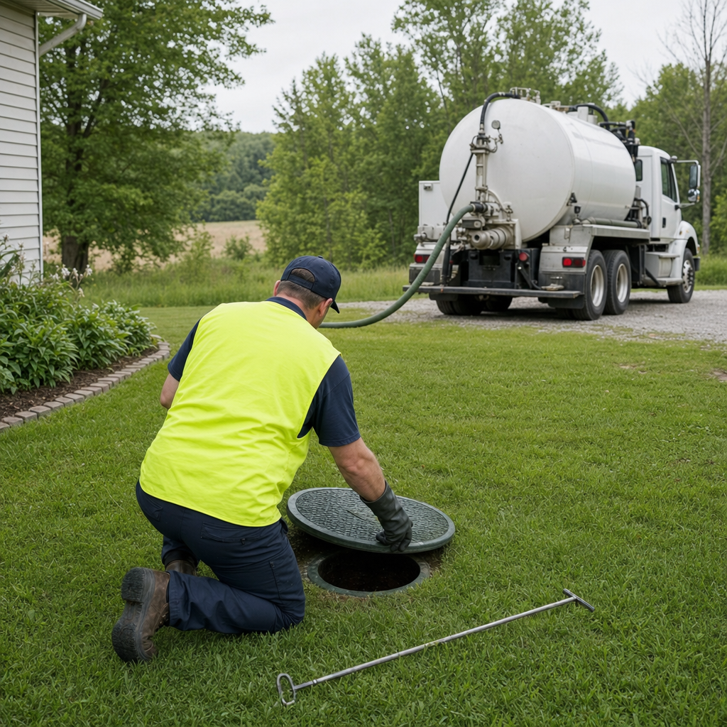 Septic technician kneeling on a Bronx lawn, lifting the buried access lid on a residential septic tank