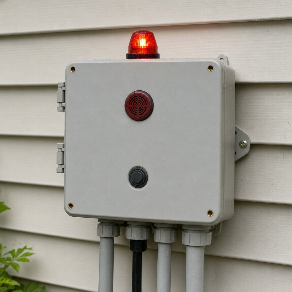 An aerobic septic system control panel mounted outside a Bronx home with its red high-water alarm light lit