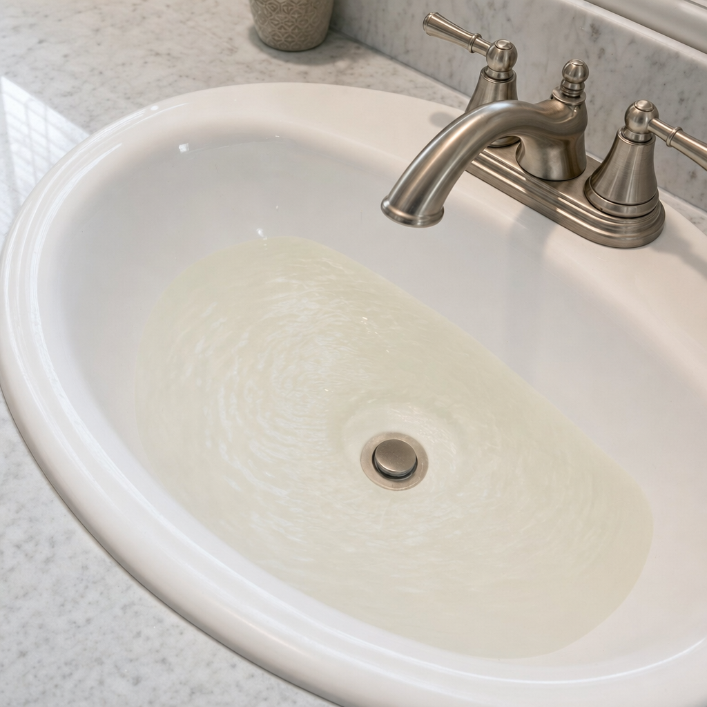A bathroom sink draining slowly with water pooled in the basin, an early warning sign that a Bronx septic tank is full